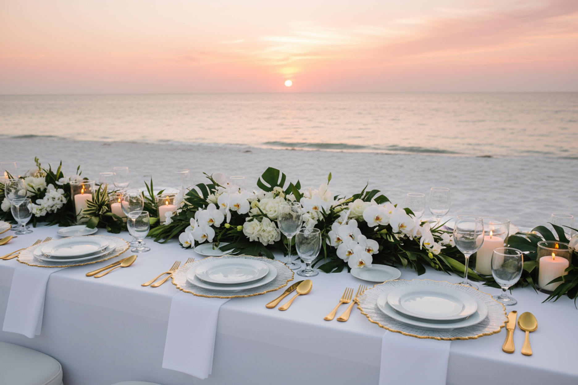 beach front wedding setup with Reef Acrylic Charger Plate - Clear Gold Trim