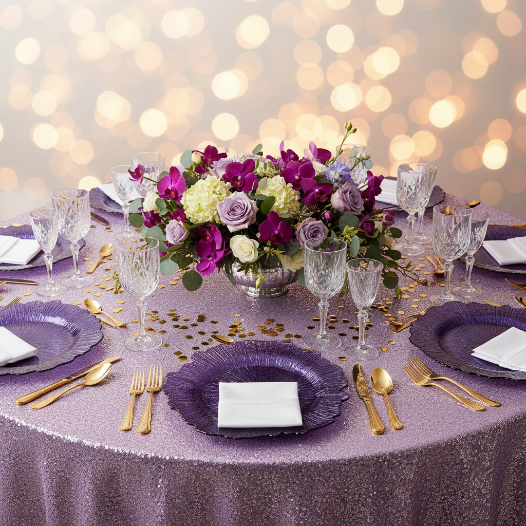 Reef Acrylic Charger Plate - Purple with white napkin | purple glitz tablecloth | wine goblets | flower centerpiece