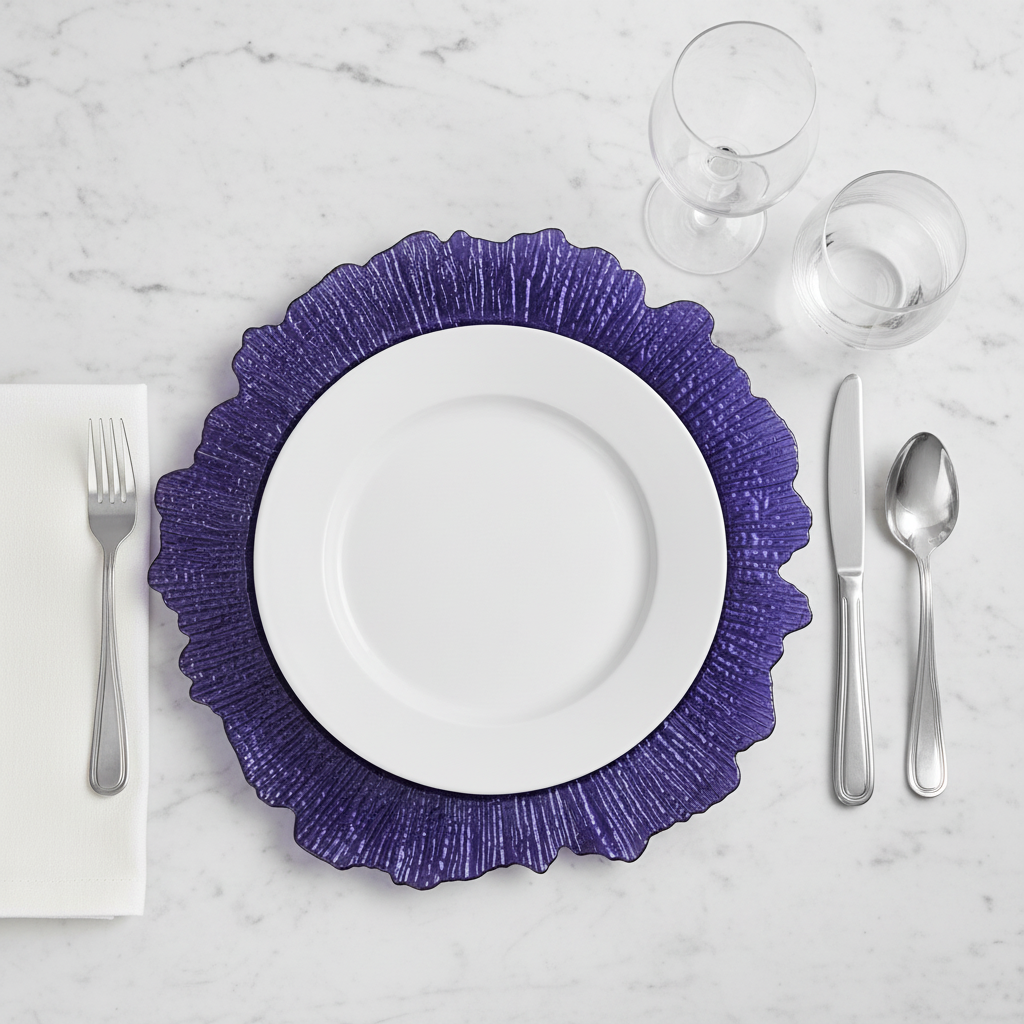 Reef Acrylic Charger Plate - Purple with white dinner plate