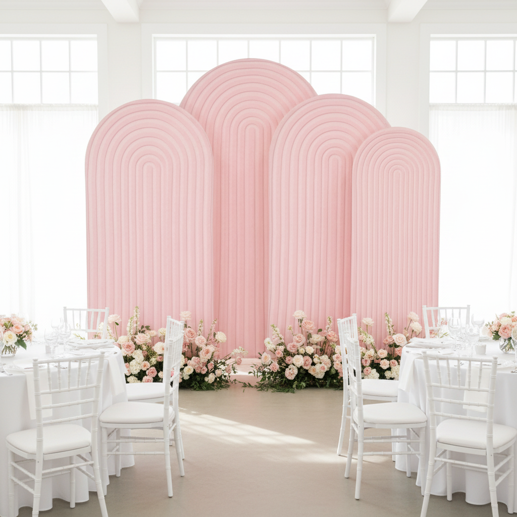 Ripple Spandex Covers for Trio Arch 4 pc - Pink on a frame stand for bridal shower setup