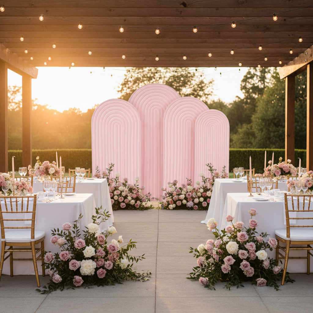 Ripple Spandex Covers for Trio Arch 4 pc - Pink on a frame stand for outdoor wedding setup