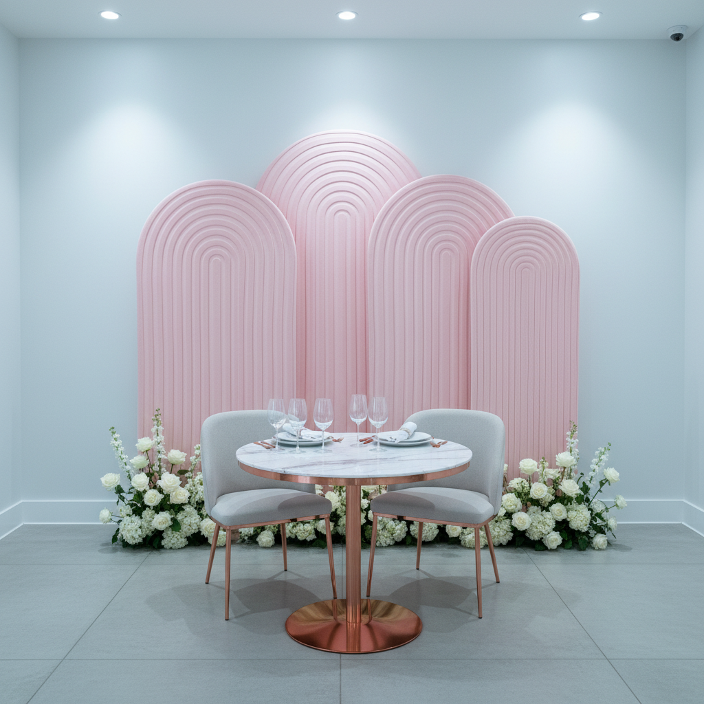 Ripple Spandex Covers for Trio Arch 4 pc - Pink on a frame stand for indoor wedding sweet heart table setup
