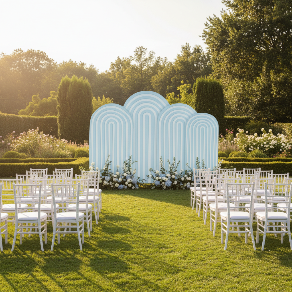 Ripple Spandex Covers for Trio Arch 4 pc - Baby Blue used on the frame for outdoor garden baby shower