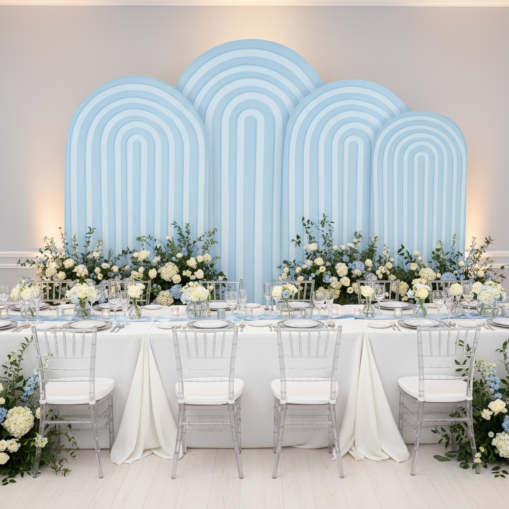 Ripple Spandex Covers for Trio Arch 4 pc - Baby Blue used on the frame for indoor birthday setup