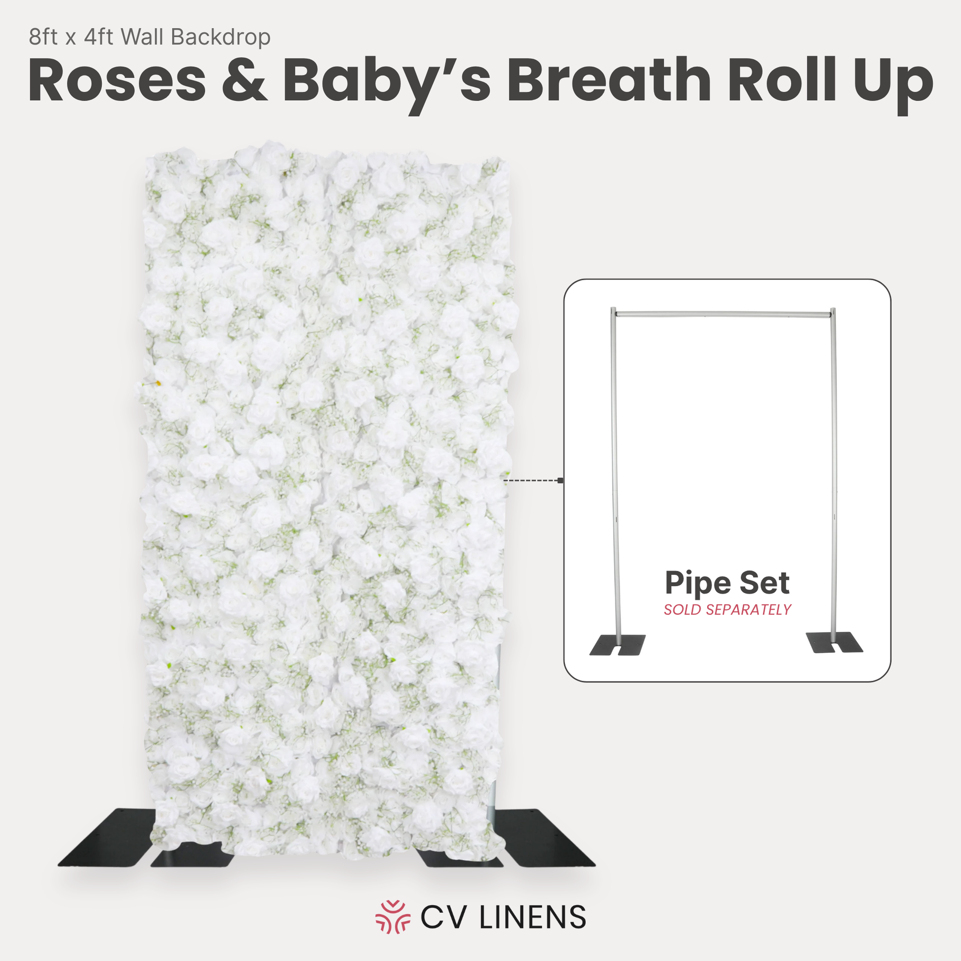 Roll Up Roses and Baby's Breath Flower Wall Backdrop 8ft x 4ft White infographic