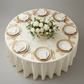 Round 108" Lamour Satin Tablecloth - Ivory with gold charger plate | ivory napkin | wine goblets |