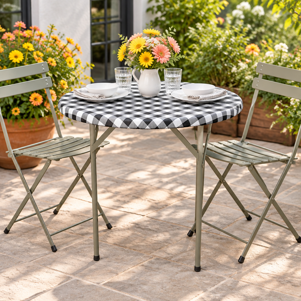 Black checkered fitted tabletop cover at a birthday dinner