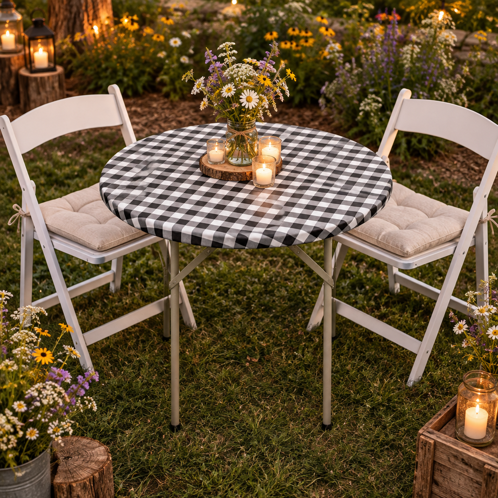 Black checkered fitted tabletop cover at a rustic anniversary dinner