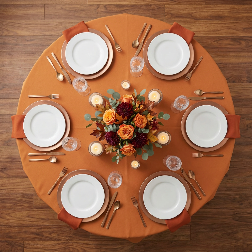 top view of Round Premium Polyester 132" Tablecloth - Burnt Orange