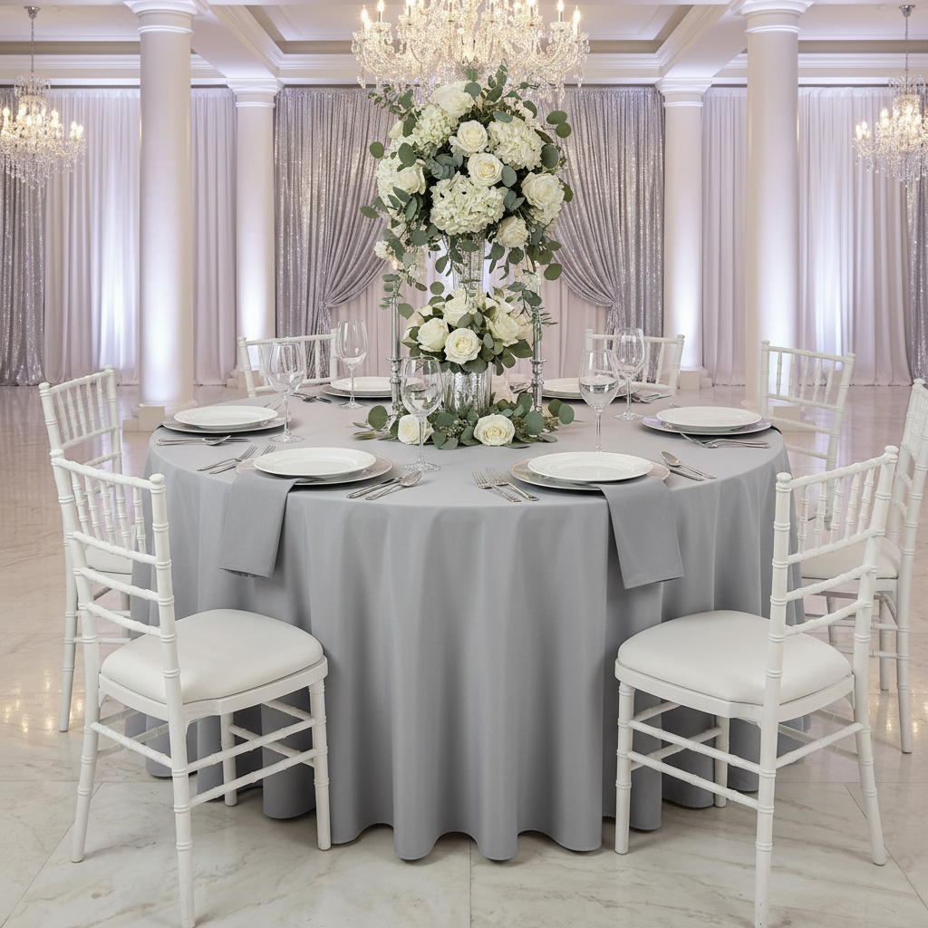 Round Premium Polyester 132" Tablecloth - Gray/Silver with silver charger plate | white dinner plate | silver/gray napkin | white chiavari chair | wine goblets