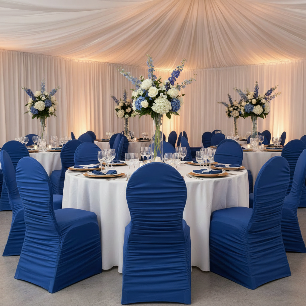 Ruched Fashion Spandex Banquet Chair Cover - Royal Blue for charity auction with gold charger plate | white dinner plate | royal blue napkin | white tablecloth