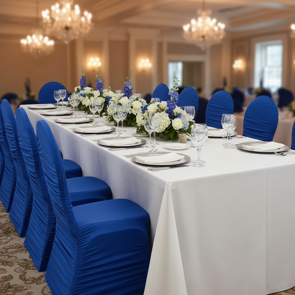 Ruched Fashion Spandex Banquet Chair Cover - Royal Blue for charity auction with silver charger plate | white napkin | white tablecloth | wine goblets