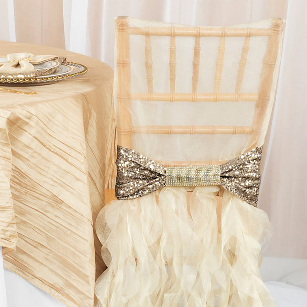 Glitz Ruffle Sequin Spandex Chair Band Sash Champagne an a gold chiavari chair
