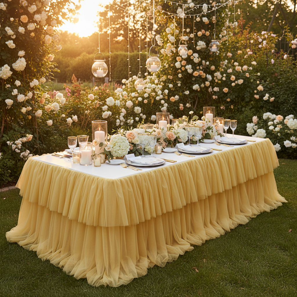 Ruffle Layered Mustard Gold Tulle Tableskirt - Garden outdoor 