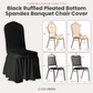 Ruffled Pleated Bottom Spandex Banquet Chair Cover Black infographic showing chairs the cover fits along with their dimensions