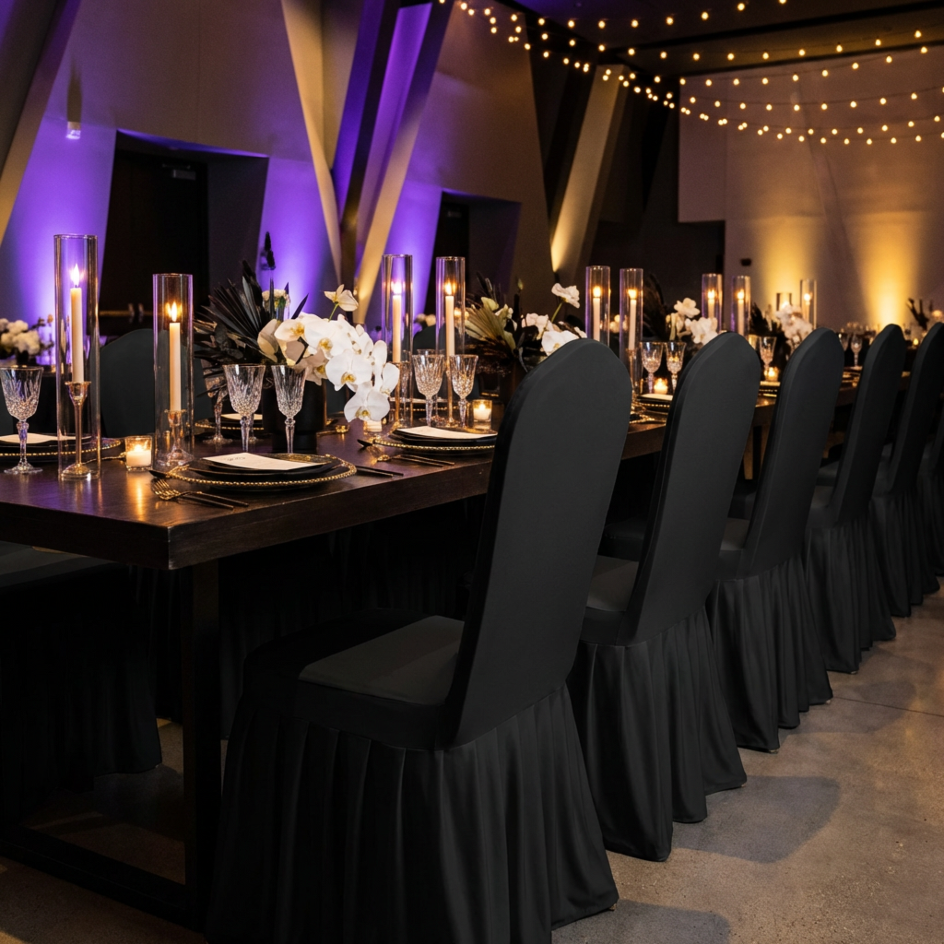 Intimate formal dinner using the Ruffled Pleated Bottom Spandex Banquet Chair Cover Black with pillar candle centerpieces, white orchids, charger plates and wine goblets