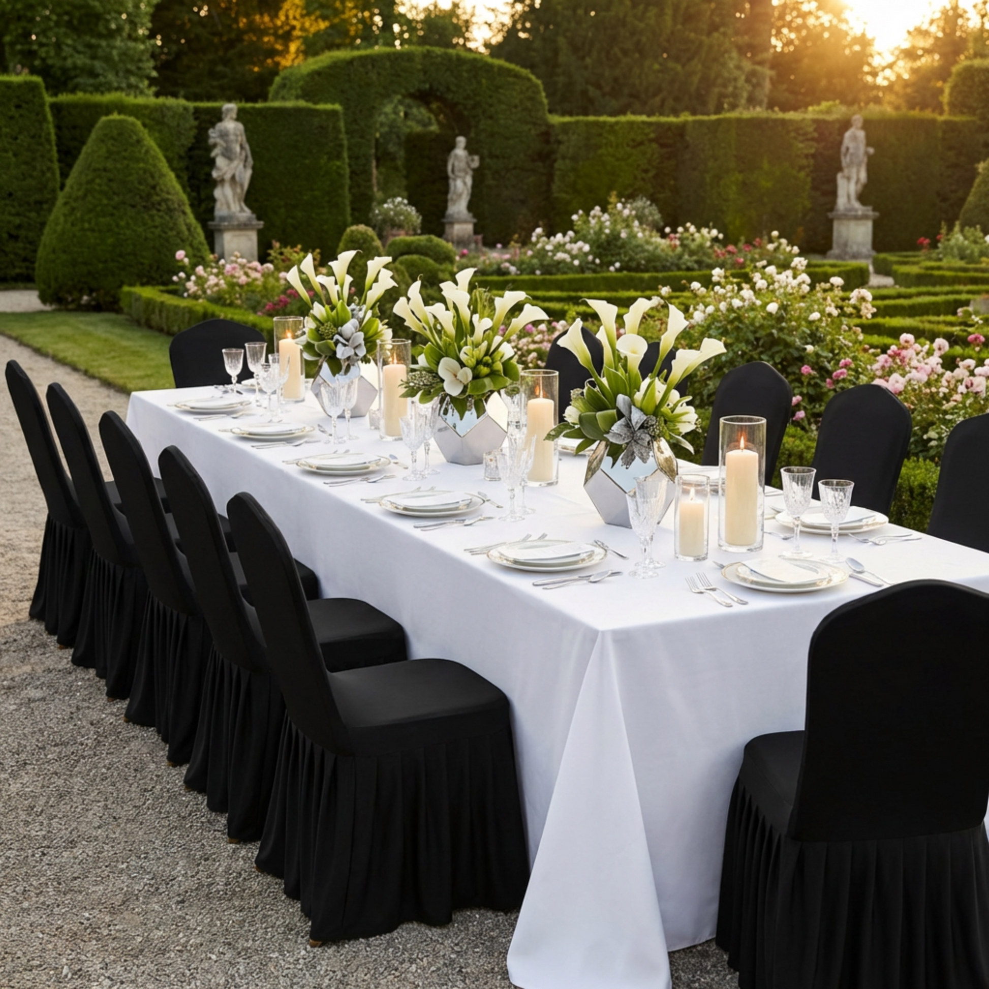 Garden formal dinner using the Ruffled Pleated Bottom Spandex Banquet Chair Cover Black with a white tablecloth, lilies centerpiece, pillar candles and white charger plates