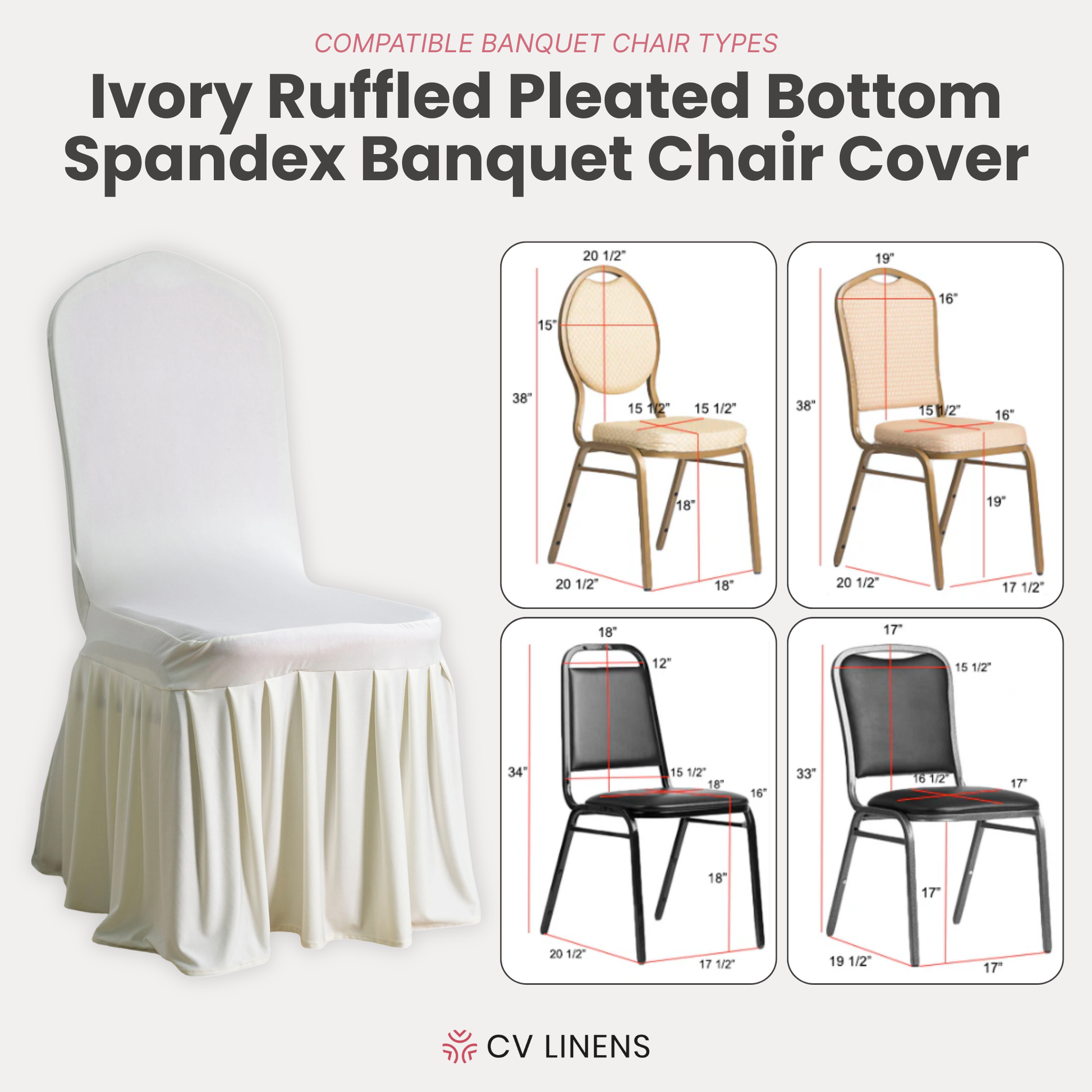 Ruffled Pleated Bottom Spandex Banquet Chair Cover Ivory infographic showing chairs the cover fits along with their dimensions