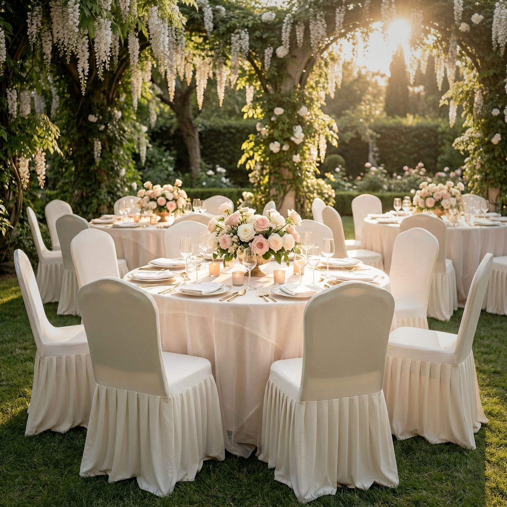 outdoor wedding set up with the Ruffled Pleated Bottom Spandex Banquet Chair Cover Ivory, round tables, cream tablecloths, wine goblets and florals