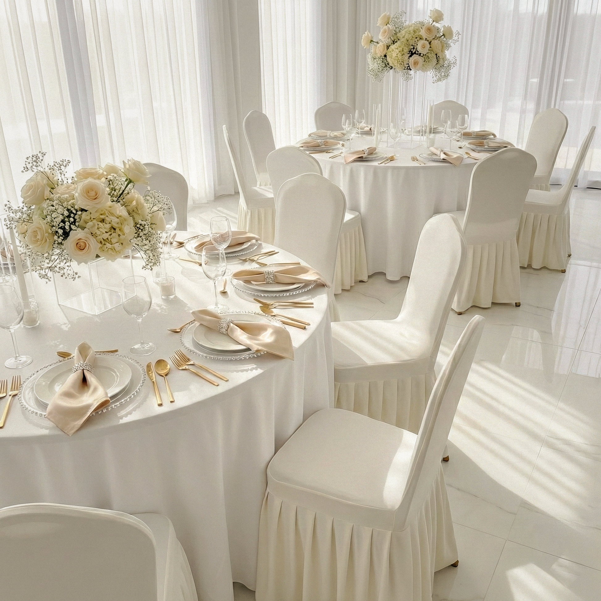 wedding set up with the Ruffled Pleated Bottom Spandex Banquet Chair Cover Ivory, round tables, white tablecloths, white charge plates and cream florals
