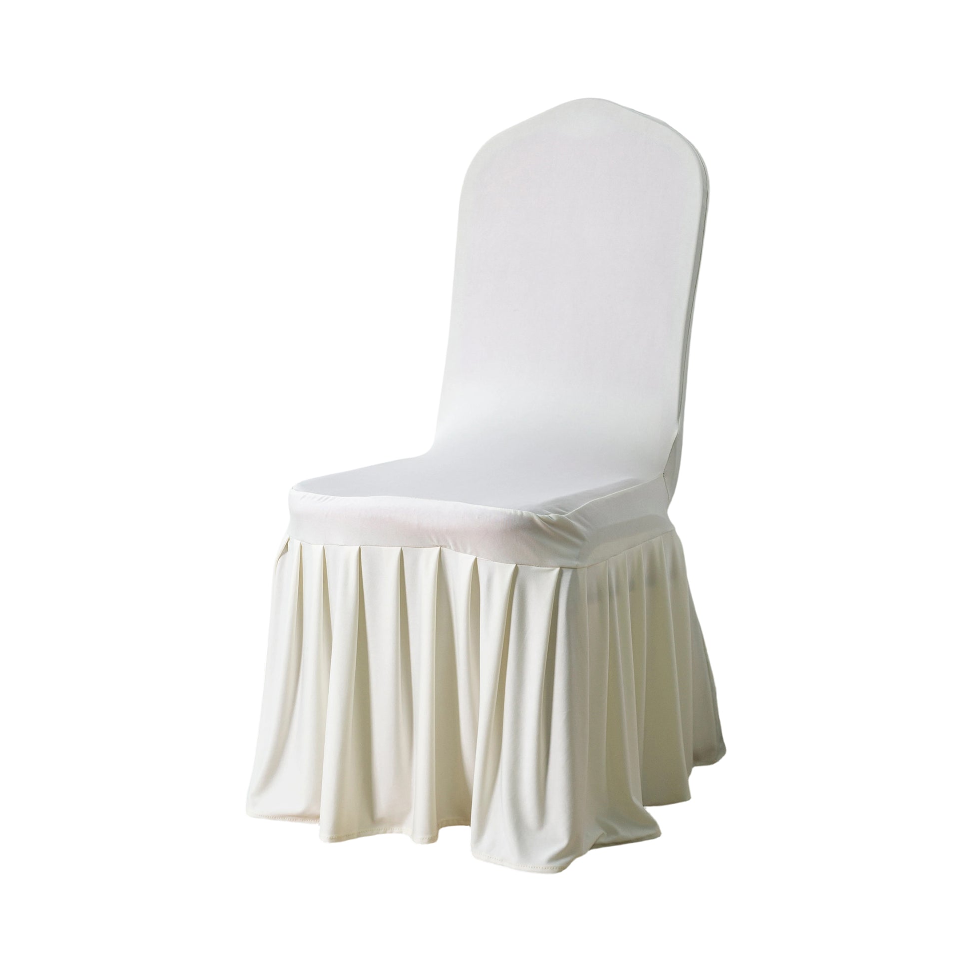 Ivory ruffled pleated bottom Spandex banquet chair cover angled view