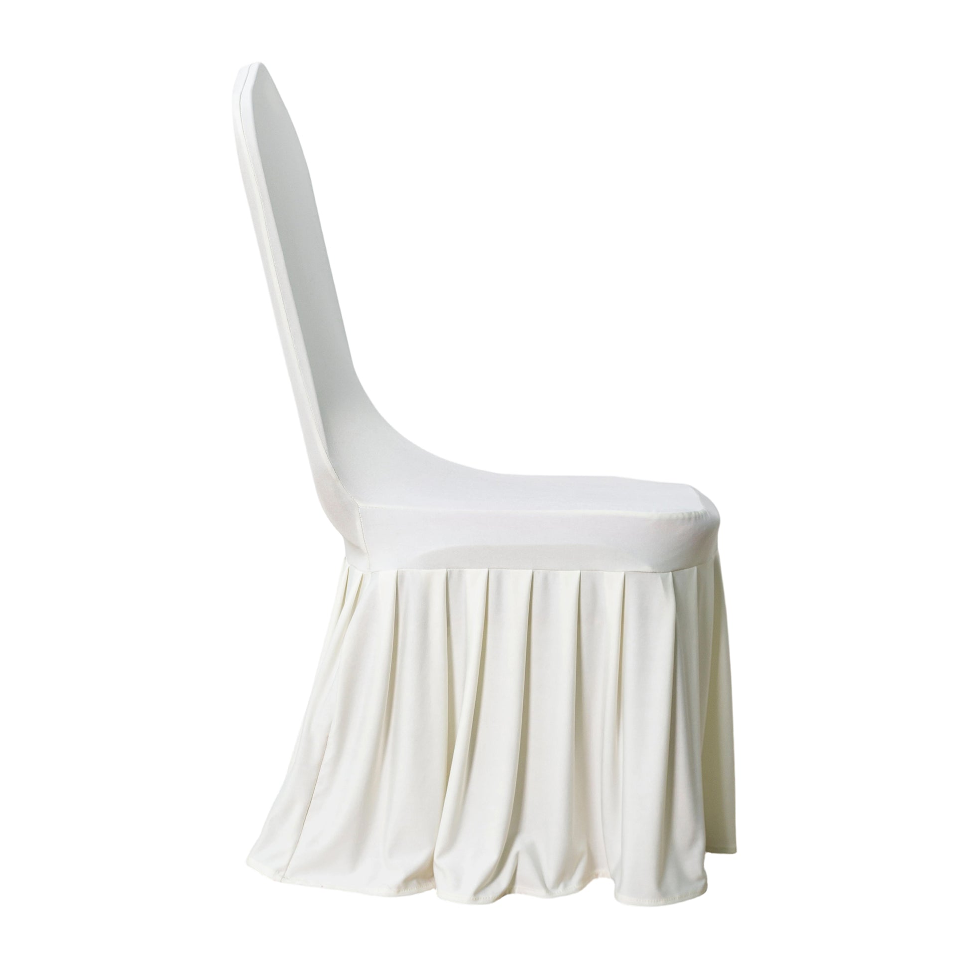 Ivory ruffled pleated bottom Spandex banquet chair cover side view