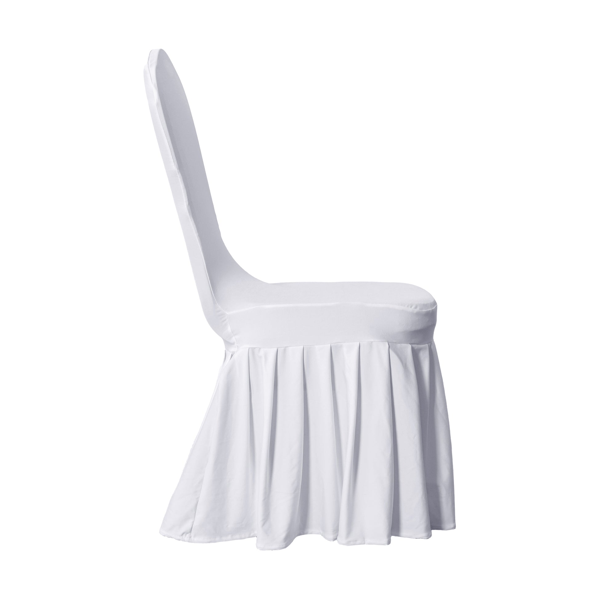 White ruffled pleated bottom Spandex banquet chair cover side view