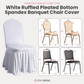 Ruffled Pleated Bottom Spandex Banquet Chair Cover White infographic showing chairs the cover fits along with their dimensions