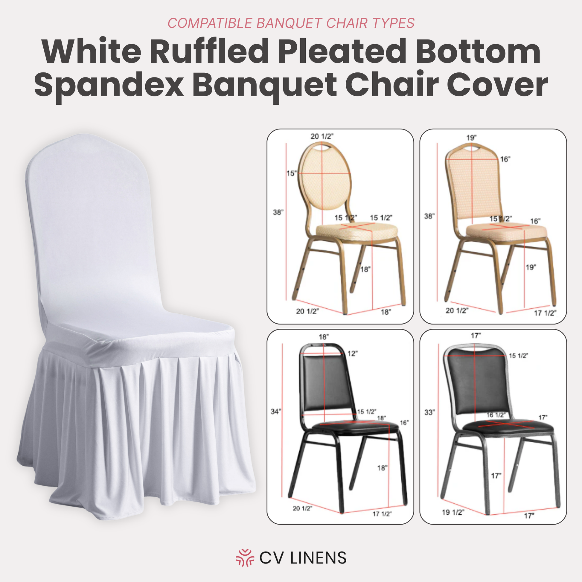 Ruffled Pleated Bottom Spandex Banquet Chair Cover White infographic showing chairs the cover fits along with their dimensions