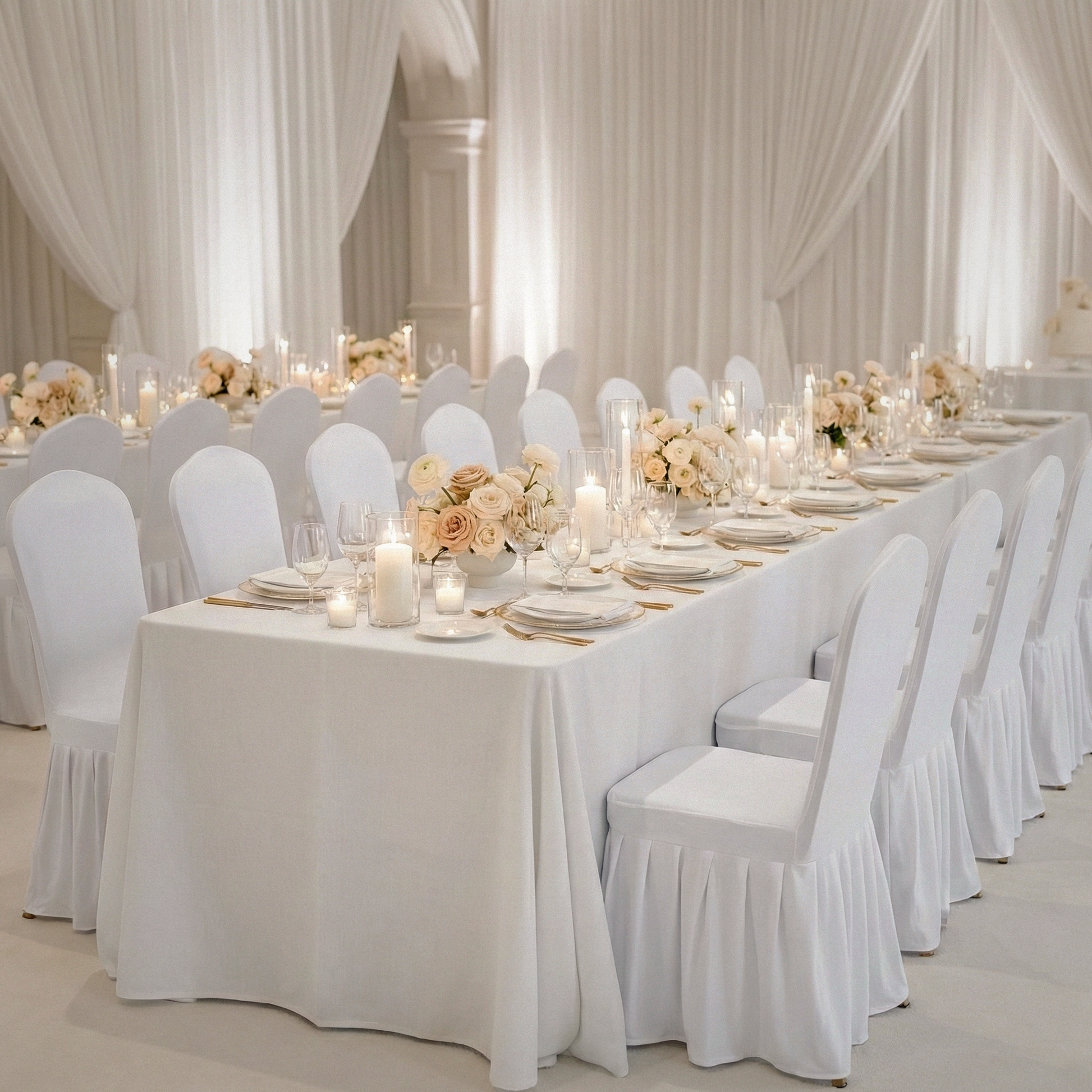 wedding rectangular table setting with the Ruffled Pleated Bottom Spandex Banquet Chair Cover White, candles florals, charger plates and wine goblets