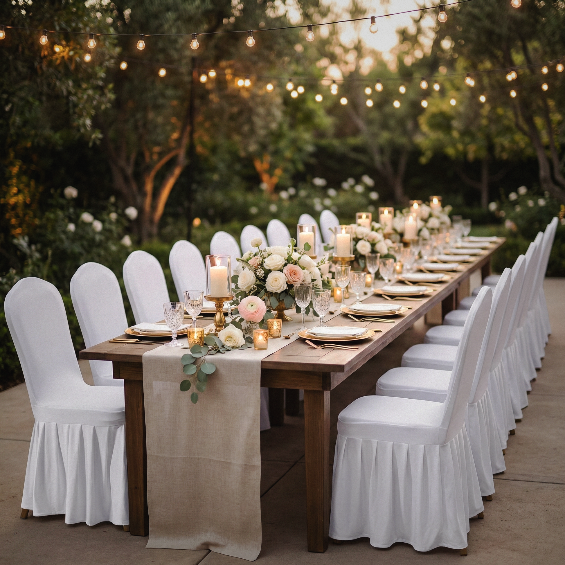 outdoor wedding set up with the Ruffled Pleated Bottom Spandex Banquet Chair Cover White, faux burlap table runner, candles and florals