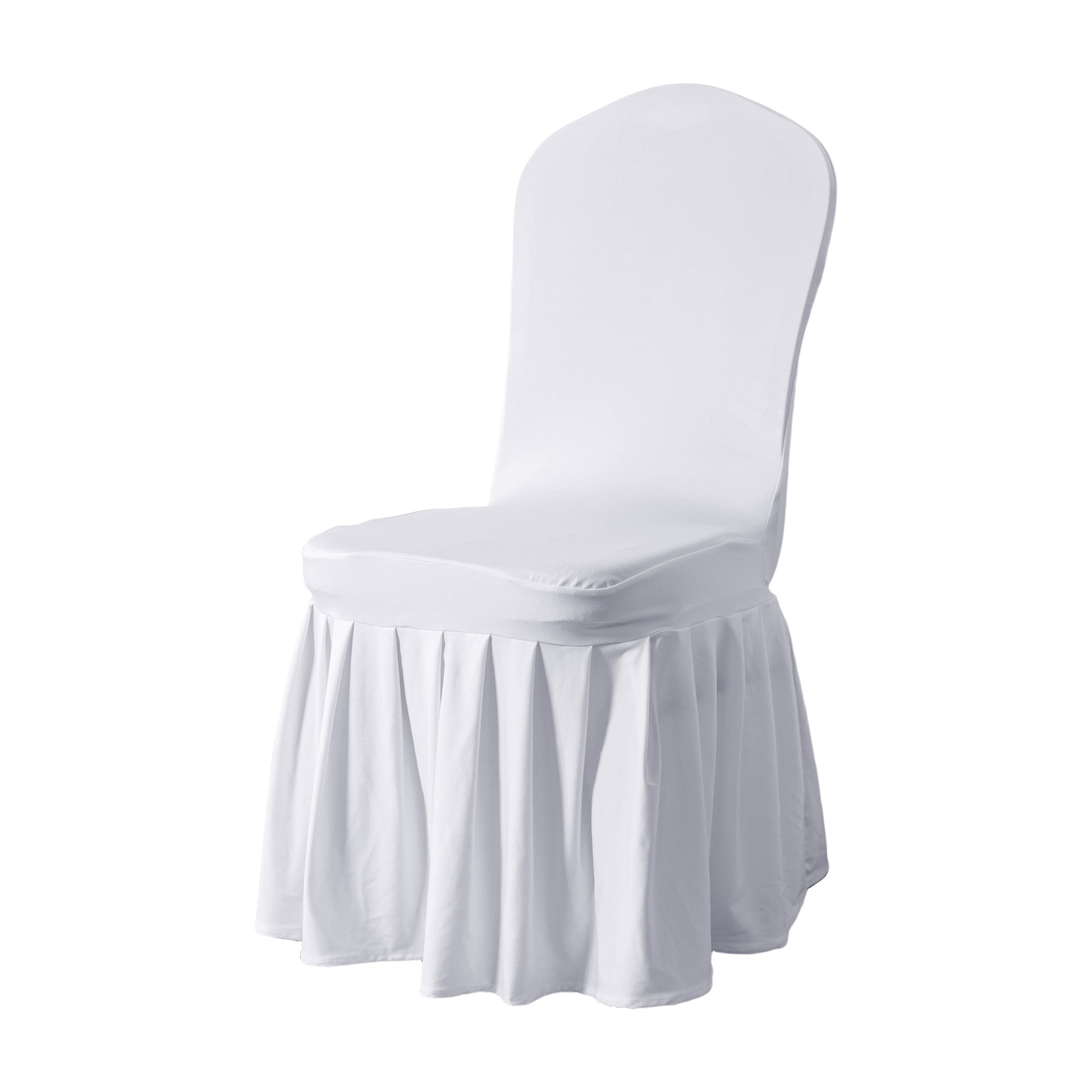 White ruffled pleated bottom Spandex banquet chair cover angled view