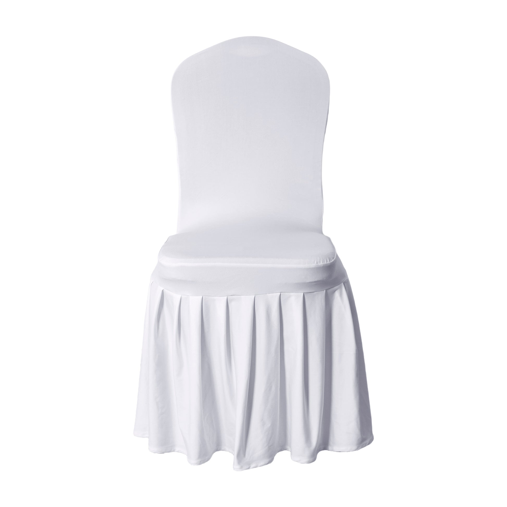 White ruffled pleated bottom Spandex banquet chair cover front view