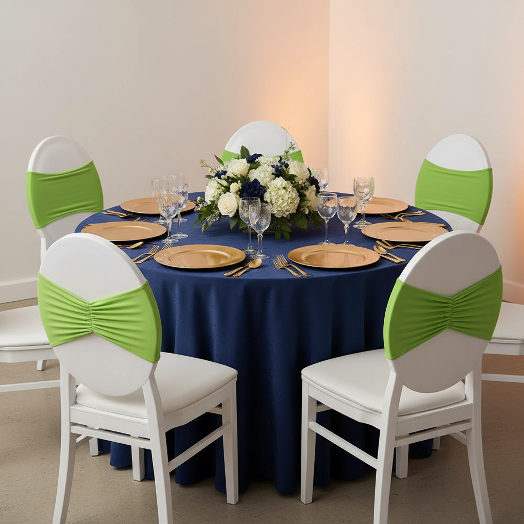 Ruffled Spandex Chair Band - Apple Green | charger plate | wine goblet | tablecloth |