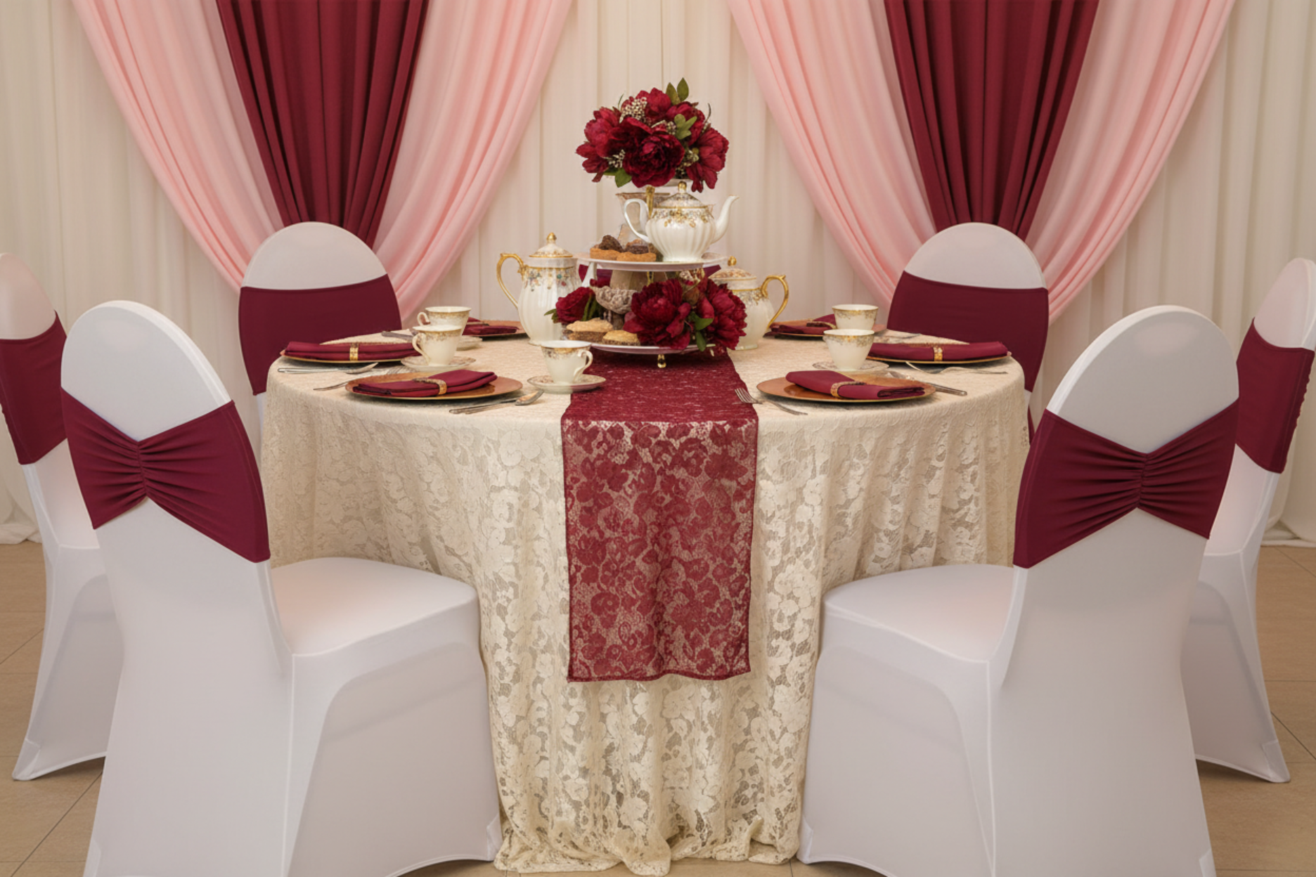 bridal shower showing Ruffled Spandex Chair Band - Burgundy on top of white chair cover