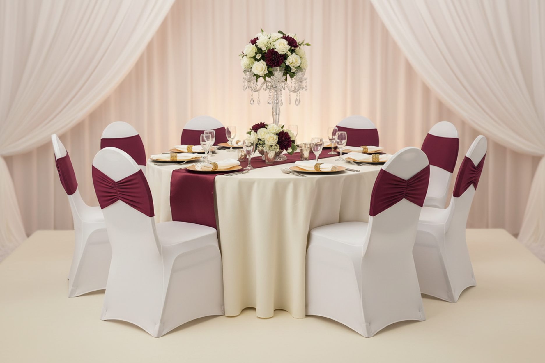 wedding reception using Ruffled Spandex Chair Band - Burgundy on top of white chair cover