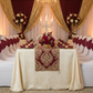 quinceañera celebration using Ruffled Spandex Chair Band - Burgundy on top of white chair cover 