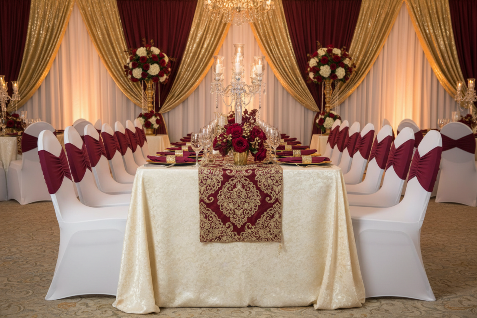 quinceañera celebration using Ruffled Spandex Chair Band - Burgundy on top of white chair cover 