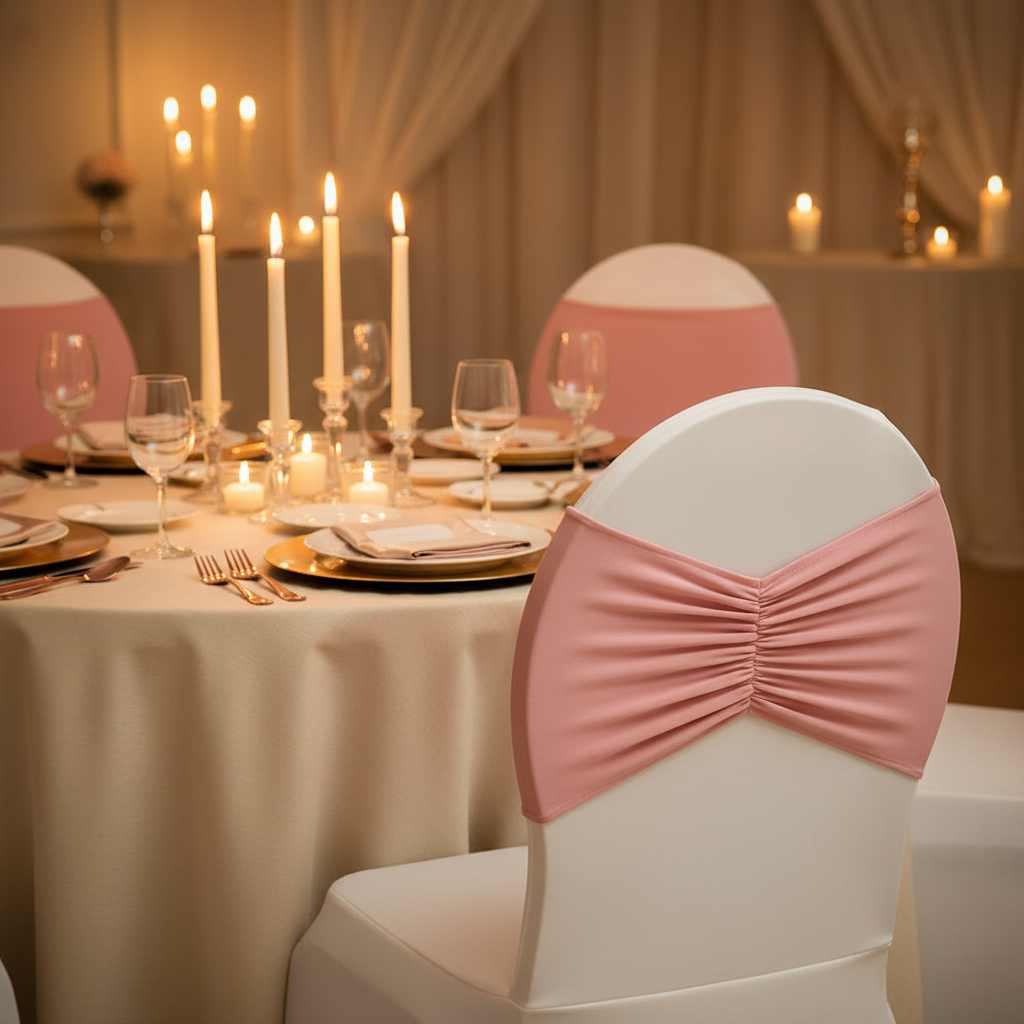 Ruffled Spandex Chair Band - Dusty Rose/Mauve | chair cover | charger plate | napkin 