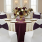 Ruffled Spandex Chair Band - Eggplant/Plum for anniversary celebration with white chair cover | gold charger plate | white dinner  plate | plum napkin and table runner