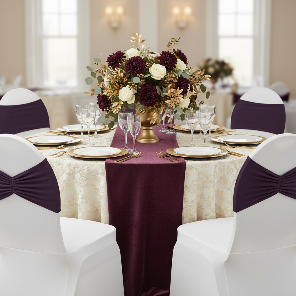 Ruffled Spandex Chair Band - Eggplant/Plum for anniversary celebration with white chair cover | gold charger plate | white dinner  plate | plum napkin and table runner