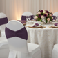 Ruffled Spandex Chair Band - Eggplant/Plum for anniversary celebration with white chair cover | gold charger plate | white dinner  plate | plum napkin