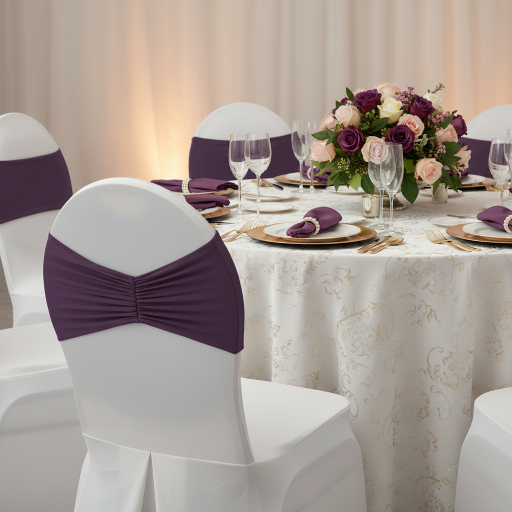 Ruffled Spandex Chair Band - Eggplant/Plum for anniversary celebration with white chair cover | gold charger plate | white dinner  plate | plum napkin