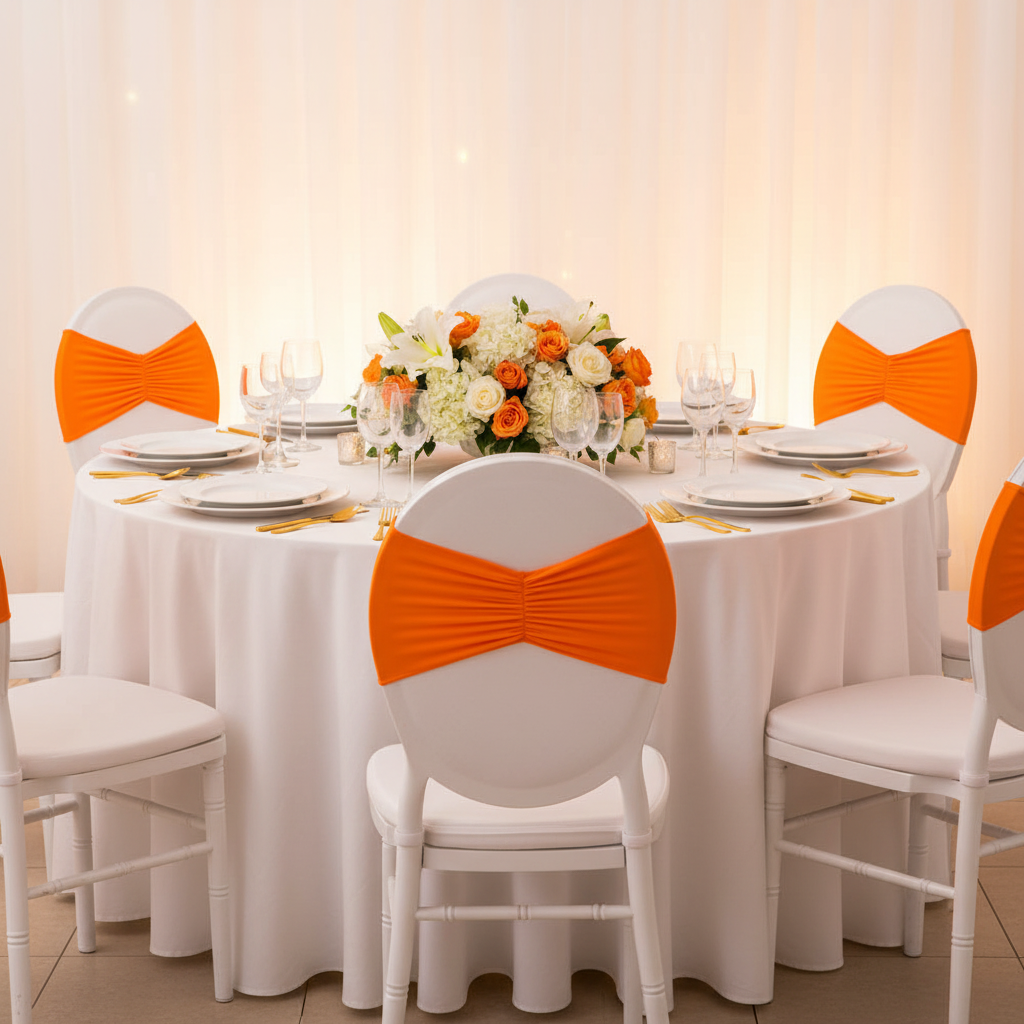Ruffled Spandex Chair Band - Orange on top of white chair for birthday reception with white charger plate and dinner plate