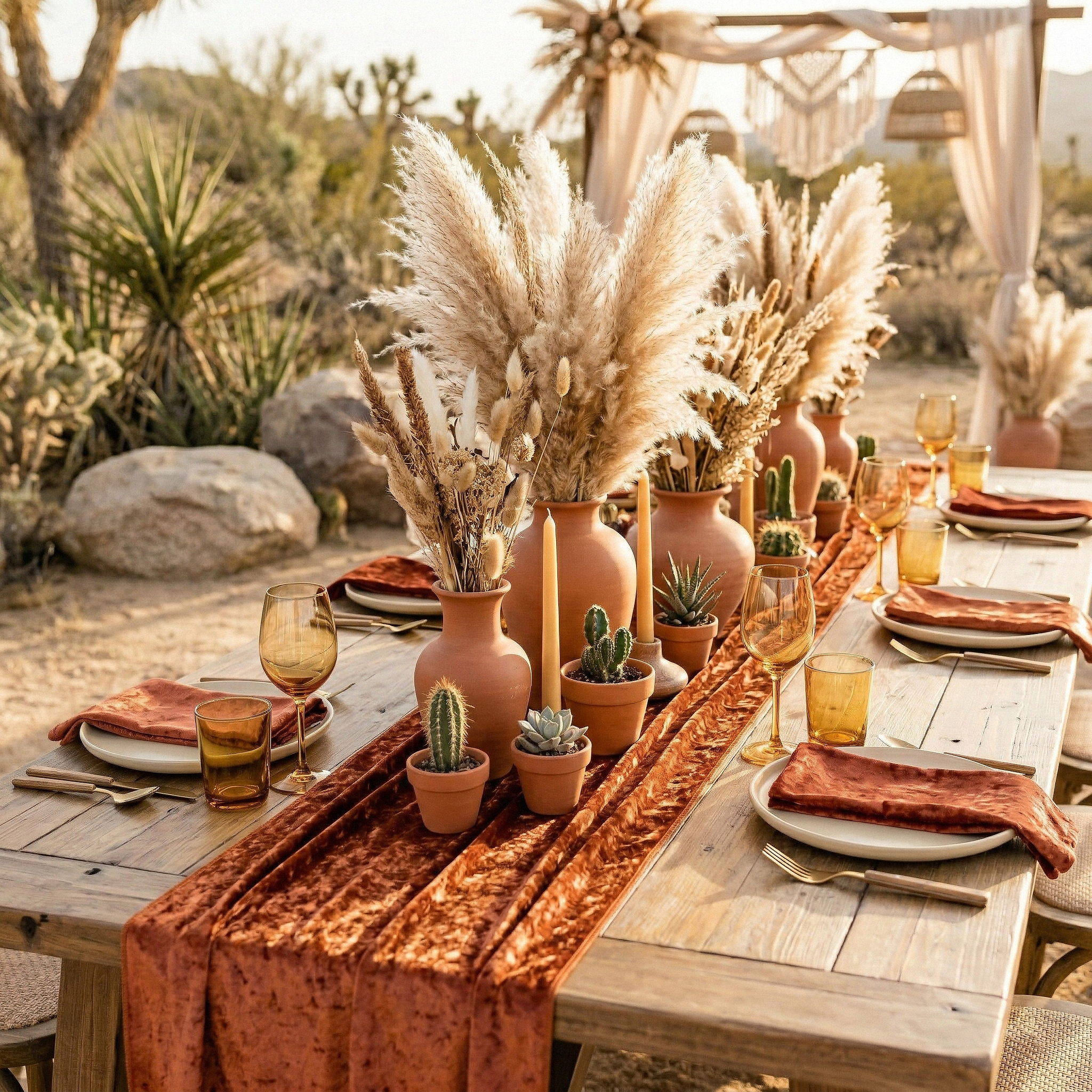 Velvet Table Runner Rust - Boho Chic Setting