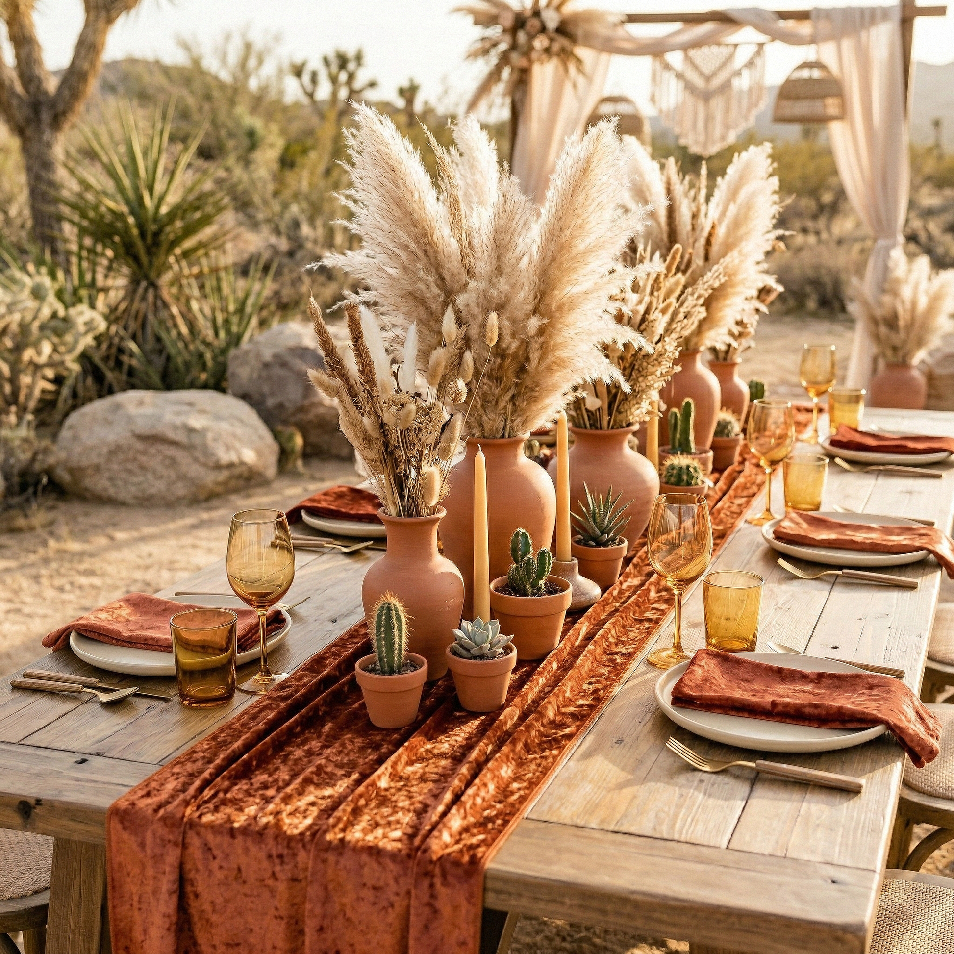 Velvet Table Runner Rust - Boho Chic Setting