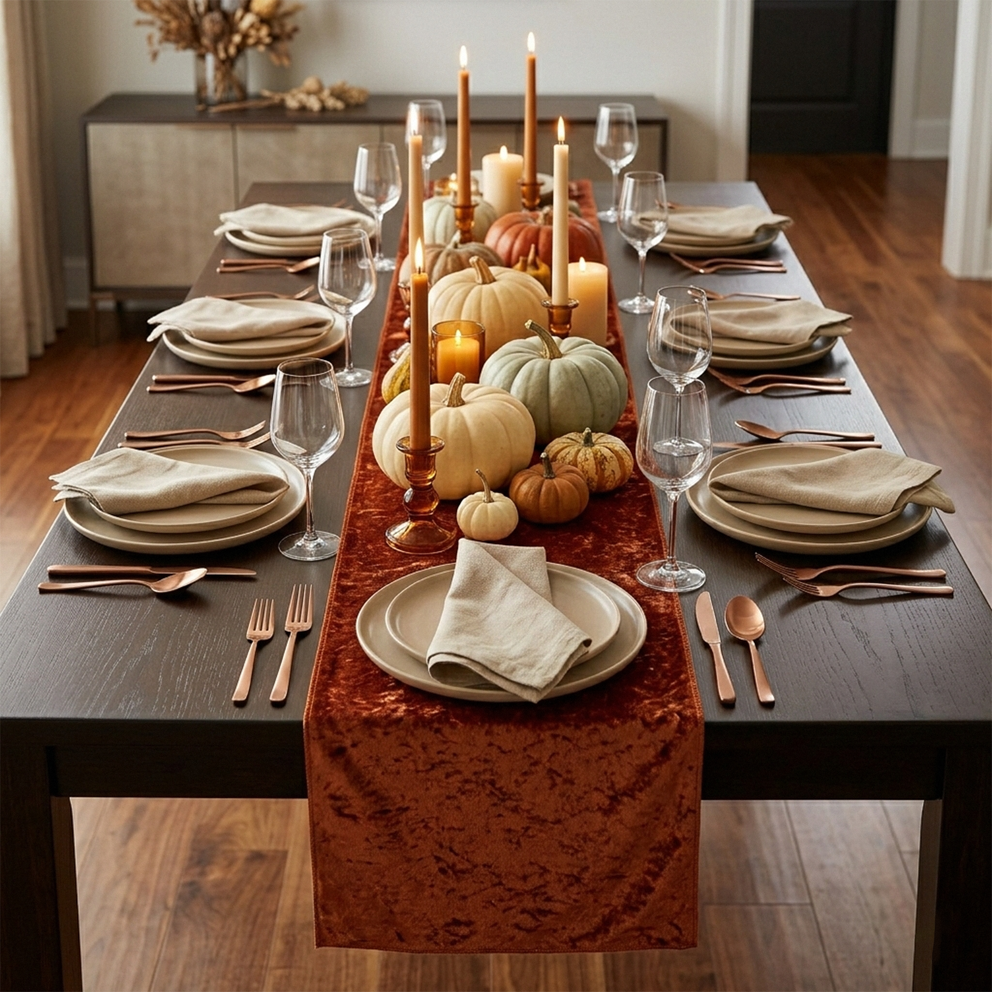 Velvet Table Runner Rust - Fall Setting