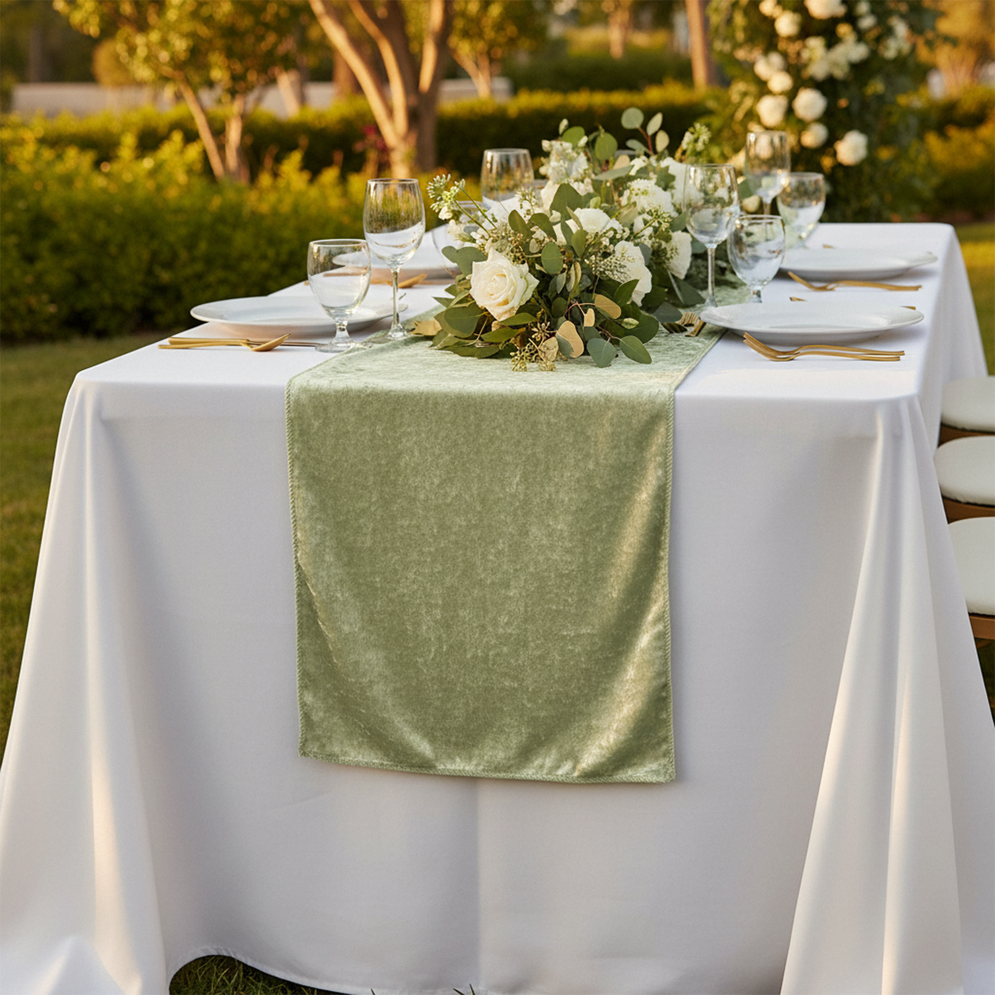 Velvet Table Runner Sage Green outdoor setting