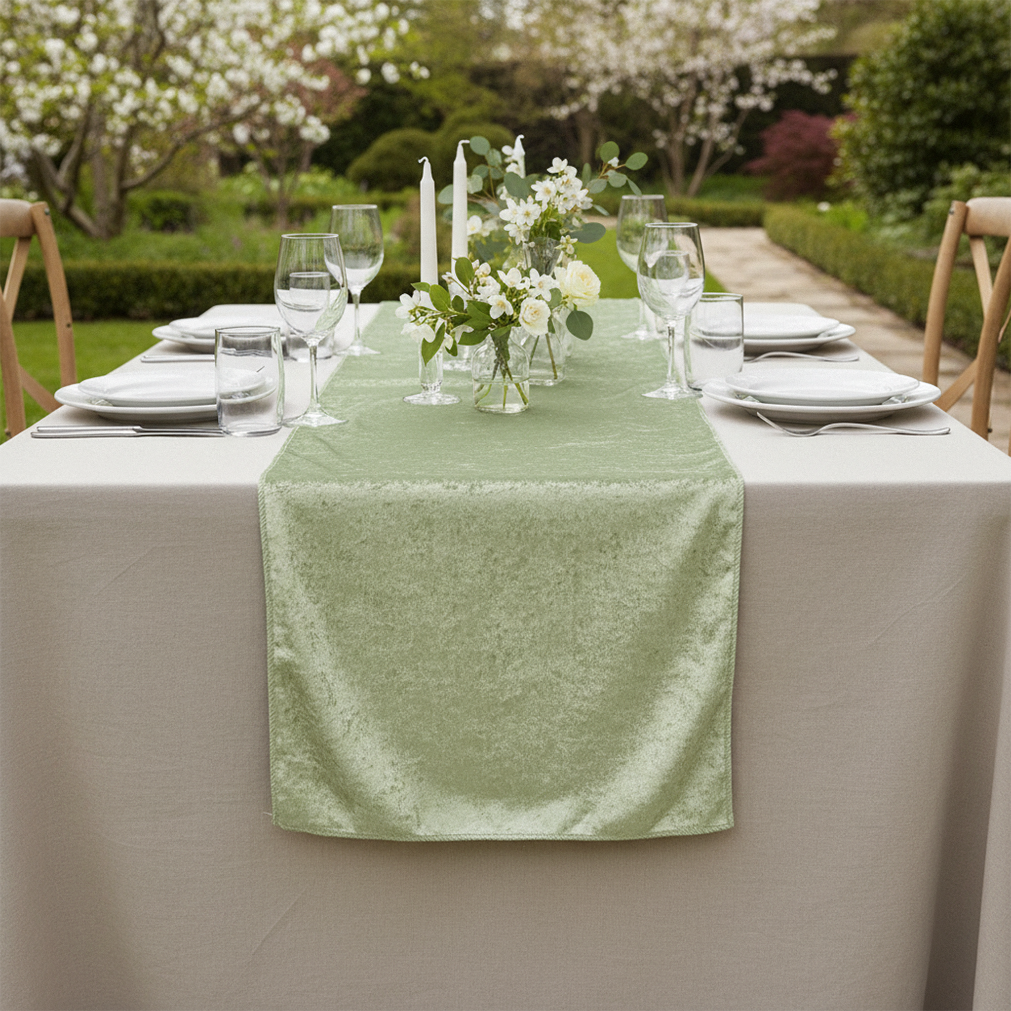 Velvet Table Runner Sage Green outdoor setting