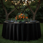 Satin 108" Round Tablecloth - Black with black charger plate |  wine goblets